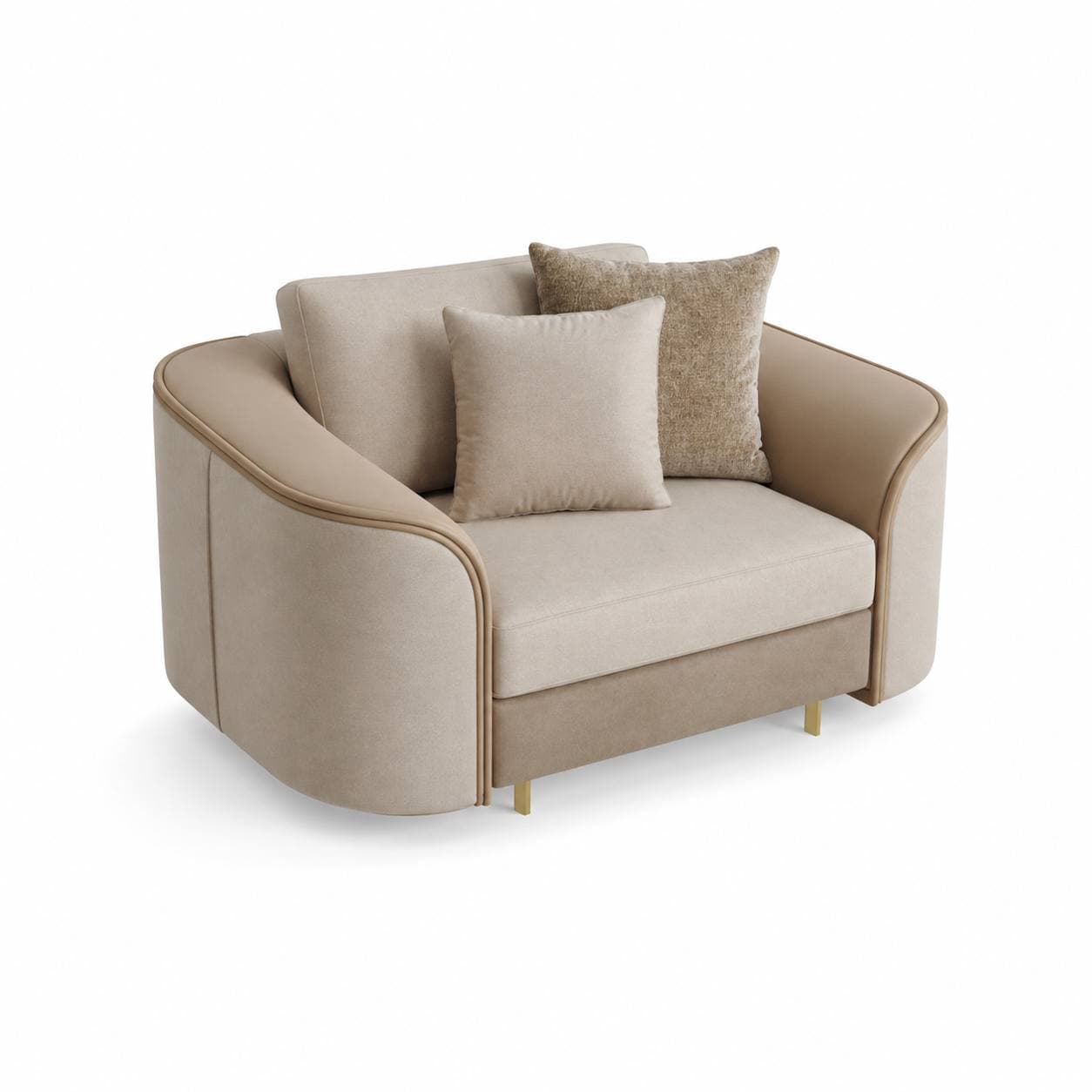 A contemporary lounge chair upholstered in a soft, light beige fabric, featuring rounded arms with contrasting darker beige piping detail. The chair has a plush seat cushion and a loose back cushion, accompanied by two decorative throw pillows. It is supported by slender, gold-finished metal legs. — 3D model