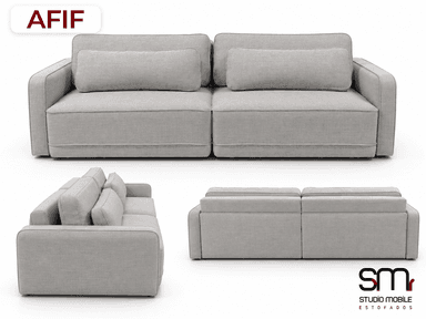 A modern, modular two-piece sectional sofa upholstered in light gray fabric. Each module features low-profile arms and backrests with clean lines and piping details. The sofa includes rectangular bolster pillows for back support, resting against fixed back cushions. The overall design is minimalist and contemporary, with a solid, blocky silhouette. — 3D model