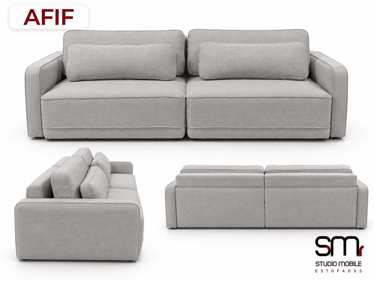 A modern, modular two-piece sectional sofa upholstered in light gray fabric. Each module features low-profile arms and backrests with clean lines and piping details. The sofa includes rectangular bolster pillows for back support, resting against fixed back cushions. The overall design is minimalist and contemporary, with a solid, blocky silhouette. — 3D model