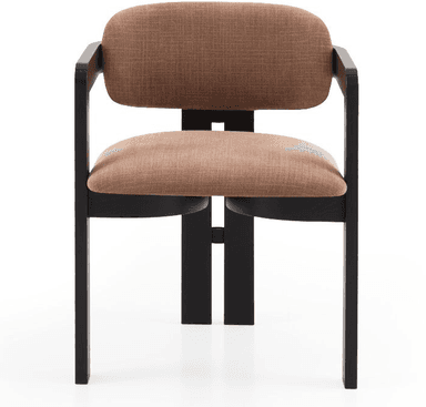 A chair with a distinctive, modern design featuring a robust black frame and a cushioned seat and back. The frame has an angular, geometric structure with visible joinery details. The upholstery appears to be a textured fabric. — 3D model