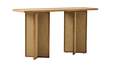 A console table with a rectangular top and two substantial, vertical supports. The top appears to have a lighter colored inlay or veneer on its surface and a wooden frame. The vertical supports are constructed with wooden frames and feature woven fabric panels, likely of a natural fiber like linen or jute, on their inner and outer faces. The supports are angled at the bottom, creating a visually interesting base. — 3D model