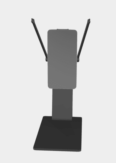 A minimalist stand featuring a rectangular base, a central vertical support, and an angled flat panel. Two flexible, slender arms extend from the top of the panel, designed to hold items in place. The entire structure is rendered in dark gray and black tones, indicating a modern and functional design. — 3D model