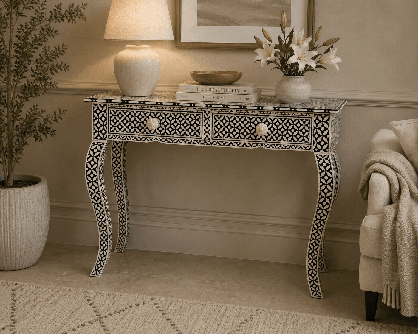 An elaborate console table featuring intricate black and white bone or resin inlay in a geometric pattern, supported by four elegantly curved cabriole legs. It includes two shallow drawers with ornate bone or resin knob pulls. — 3D model