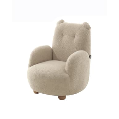 A beige upholstered children's armchair featuring a playful design. The chair is covered in a textured bouclé-like fabric and has a rounded, plush form with distinctive "teddy bear ears" protruding from the top of the backrest. It is supported by short, light-colored wooden legs. — 3D model
