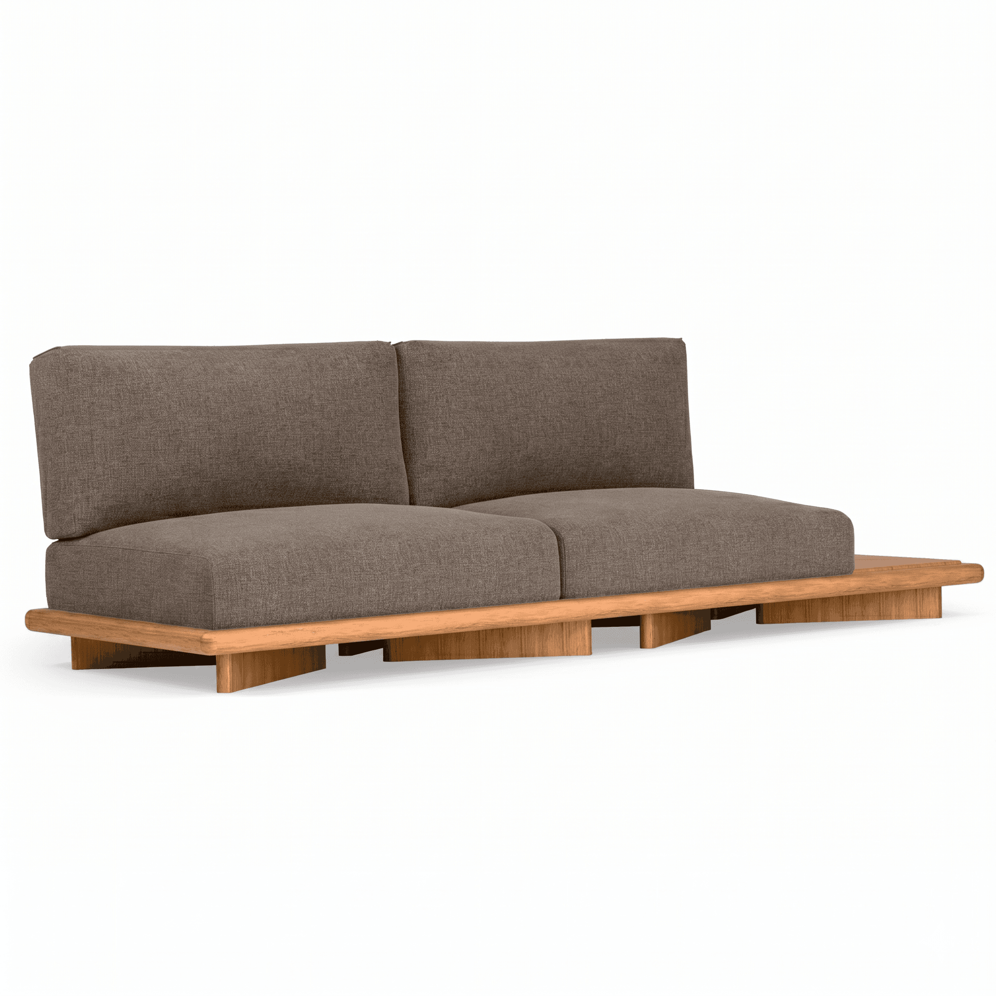 A modern two-seater sofa featuring a low-profile design with a prominent wooden platform base, upholstered in brown fabric, and an integrated side table extension. — 3D model