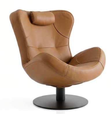 A contemporary tan leather lounge chair featuring a distinctive curved, high-back design, an integrated headrest, and a matte black circular swivel base. — 3D model