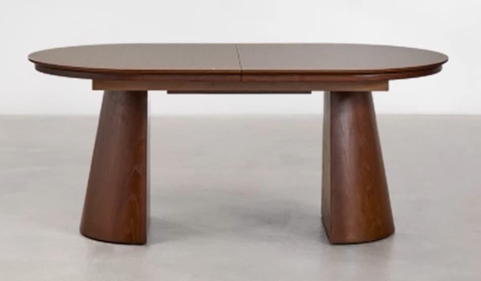 An oval-shaped dining table crafted from dark wood, featuring a tabletop that appears to be extendable, indicated by a central seam. The table is supported by two substantial, tapered pedestal bases that provide a modern and stable foundation. — 3D model
