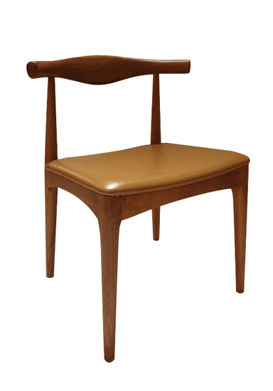 A Danish Modern style dining chair featuring a wooden frame, a distinctive horn-shaped backrest with integrated armrests, and a tan upholstered seat. — 3D model
