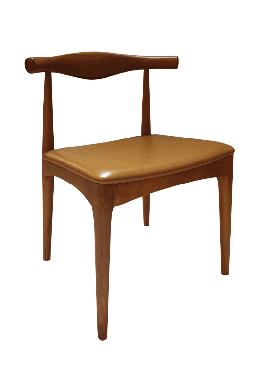 A Danish Modern style dining chair featuring a wooden frame, a distinctive horn-shaped backrest with integrated armrests, and a tan upholstered seat. — 3D model