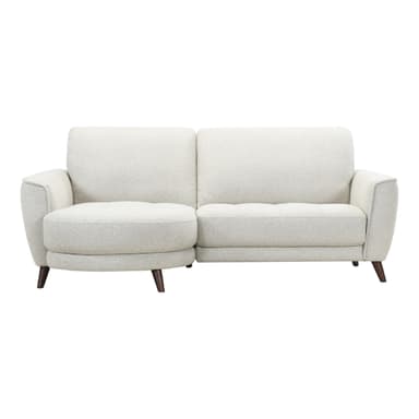 A contemporary sectional sofa featuring an integrated chaise lounge upholstered in a light beige textured fabric, supported by dark tapered wood legs. — 3D model