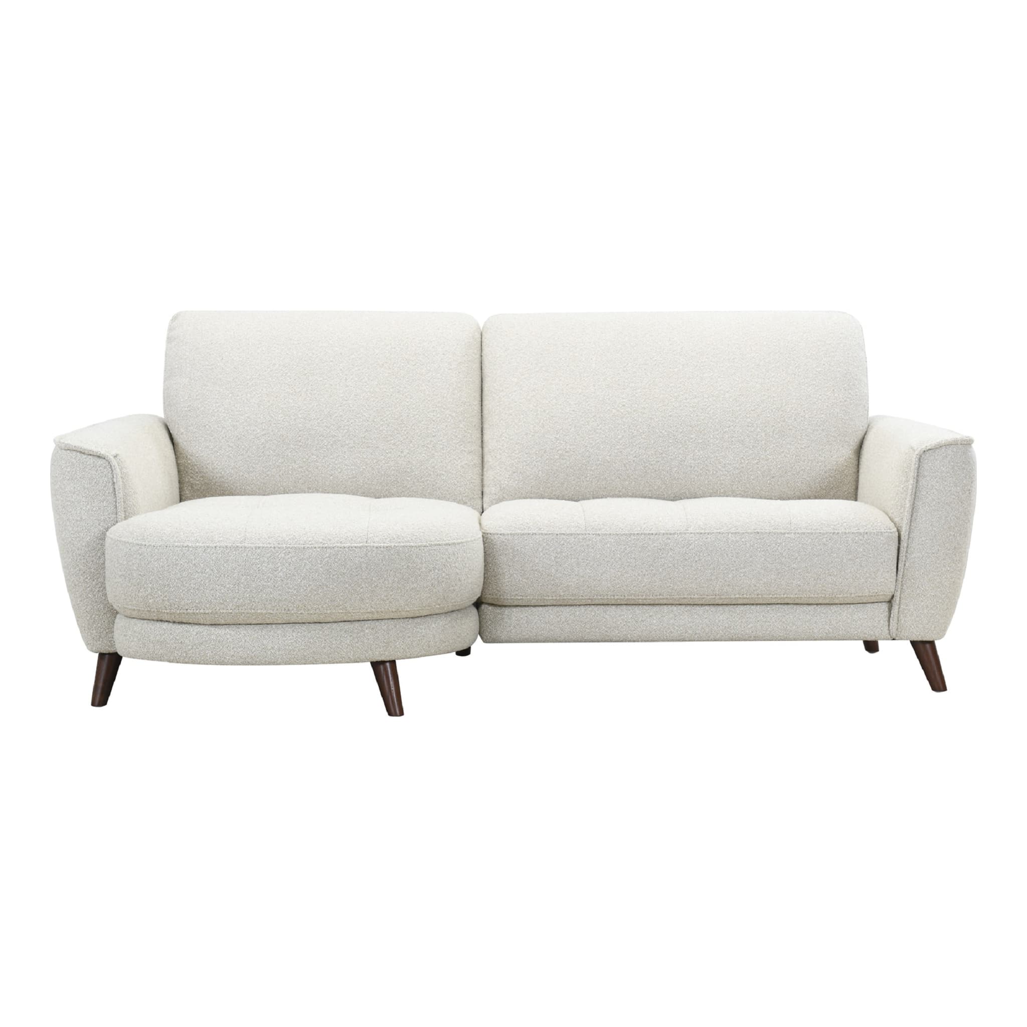 A contemporary sectional sofa featuring an integrated chaise lounge upholstered in a light beige textured fabric, supported by dark tapered wood legs. — 3D model