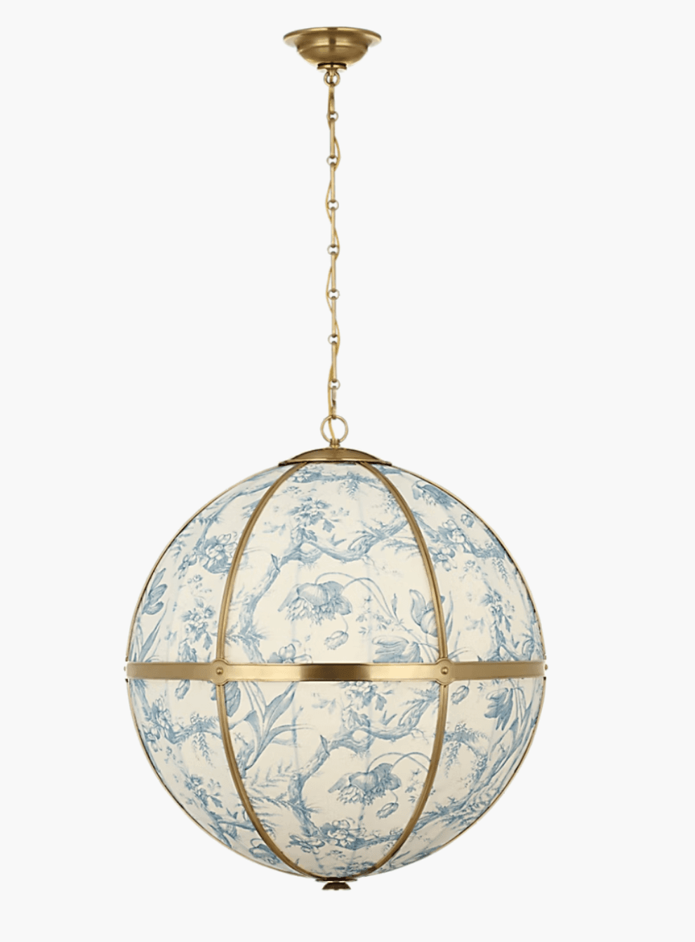 A spherical pendant light suspended by a brass chain from a matching ceiling canopy. The globe-shaped shade is constructed from panels of a light-colored material, likely fabric, adorned with a blue floral and bird toile pattern. These panels are held within a polished brass frame that forms vertical ribs and a horizontal band around the equator, creating a visually structured and decorative lighting fixture. — 3D model