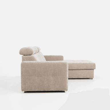 A light beige upholstered contemporary sectional sofa with a right-facing chaise lounge. The sofa features adjustable headrests, segmented back cushions, and integrated storage within the chaise, indicated by a pull handle. It rests on short, polished rectangular metal feet. — 3D model