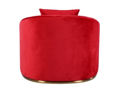 A vibrant red velvet armchair featuring a rounded, club-chair silhouette with a deeply cushioned seat and back. The exterior backrest is detailed with vertical channel tufting, creating a fluted effect. The chair rests on a low, recessed plinth base finished in a metallic brass tone. A matching square throw pillow is included. — 3D model