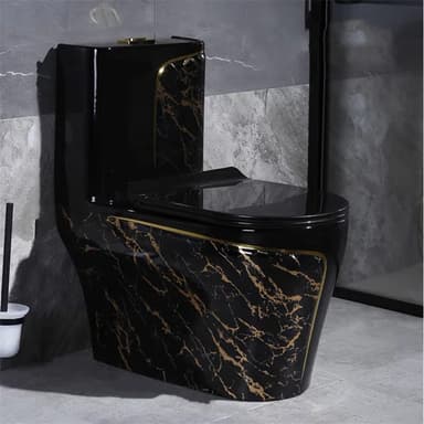A modern, dual-flush toilet with a distinctive black marble-effect finish accented with gold veining. The toilet features a sleek, contemporary design with a concealed cistern within the tank and a soft-close seat. The flush button on top of the cistern is silver-toned. — 3D model