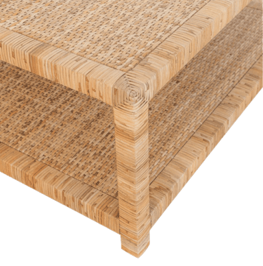 A square, two-tiered coffee table constructed from woven natural rattan or a similar material, featuring a light, natural finish and sturdy block legs. — 3D model