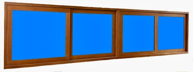 An elongated, low-profile furniture unit featuring a wooden frame and four sliding door panels. The panels exhibit a warm, medium-brown wood grain, with the interior portions currently rendered as solid blue placeholders. The unit is designed with a sleek, minimalist aesthetic, suitable for various storage needs. The sliding mechanism suggests efficient use of space without outward swinging doors. — 3D model