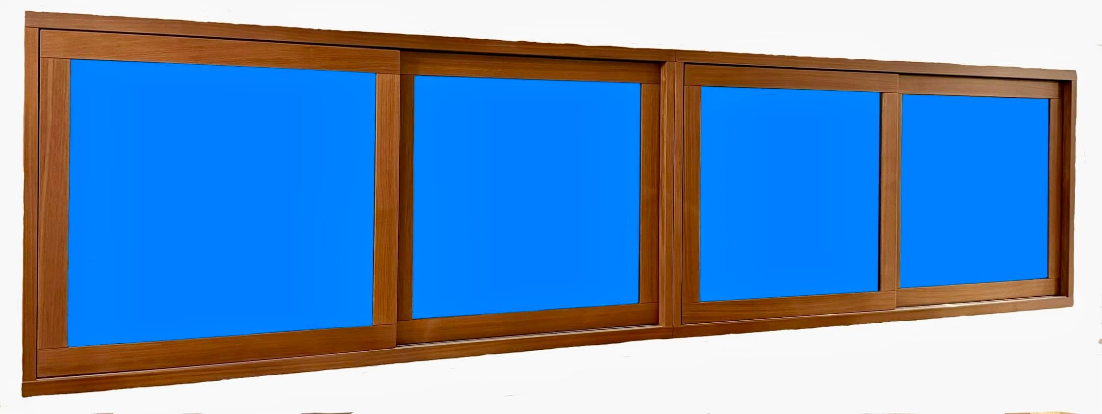 An elongated, low-profile furniture unit featuring a wooden frame and four sliding door panels. The panels exhibit a warm, medium-brown wood grain, with the interior portions currently rendered as solid blue placeholders. The unit is designed with a sleek, minimalist aesthetic, suitable for various storage needs. The sliding mechanism suggests efficient use of space without outward swinging doors. — 3D model