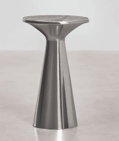 A modern pedestal accent table featuring a brushed metallic finish on its conical base and a round, flat top with a mosaic or patterned inlay. — 3D model