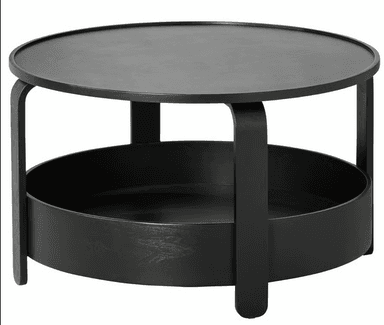 A round, black coffee table featuring a minimalist design with an integrated lower storage shelf. The table is constructed with a circular top and a matching circular shelf beneath, supported by curved, bentwood-style legs that are uniform in color with the rest of the table. The finish is a matte black, suggesting painted wood or laminated material, giving it a sleek and contemporary appearance. — 3D model