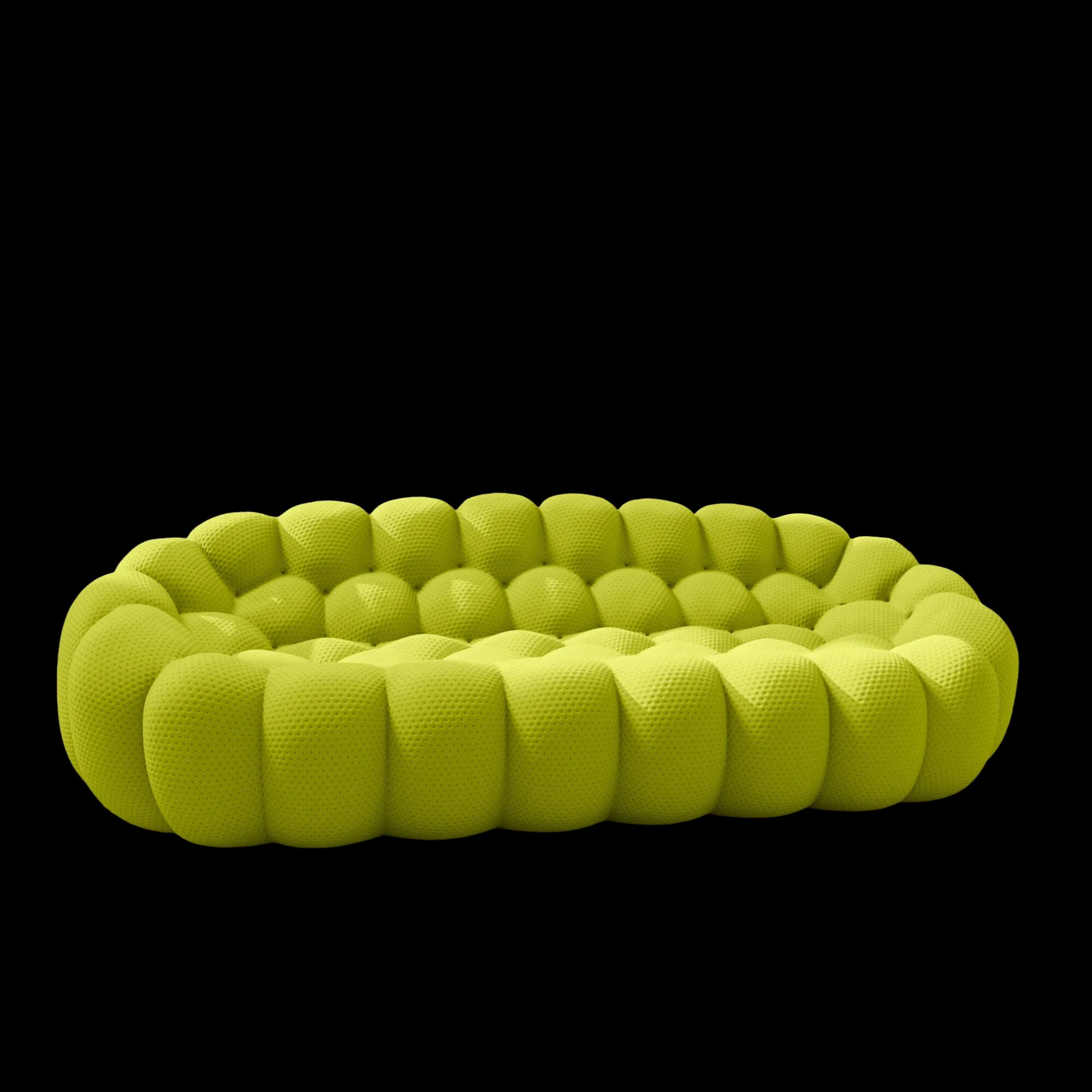 A lime-green sofa with a rounded, modular design. The upholstery features a dimpled texture, and the overall form consists of interconnected, bulbous segments arranged in rows, creating a plush and organic appearance. It lacks visible legs and appears to be a low-profile piece. — 3D model