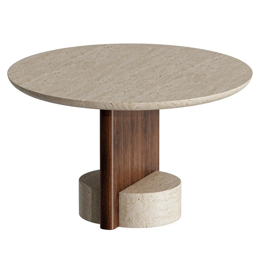 A contemporary round dining table featuring a solid travertine top resting on a distinctive pedestal base. The base is composed of a central vertical wooden column flanked by two semicircular travertine blocks, creating a modern, geometric silhouette. — 3D model