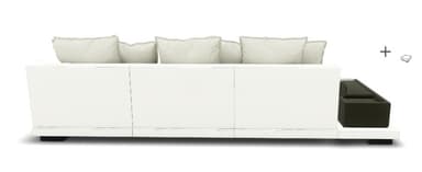 A contemporary, low-profile sofa with a modular design. It features a white base frame and a large, flat seat cushion. Several rectangular, off-white throw pillows are arranged against the back. A dark brown, rectangular side table is attached to the left side of the sofa. The overall aesthetic suggests an outdoor or lounge setting. — 3D model