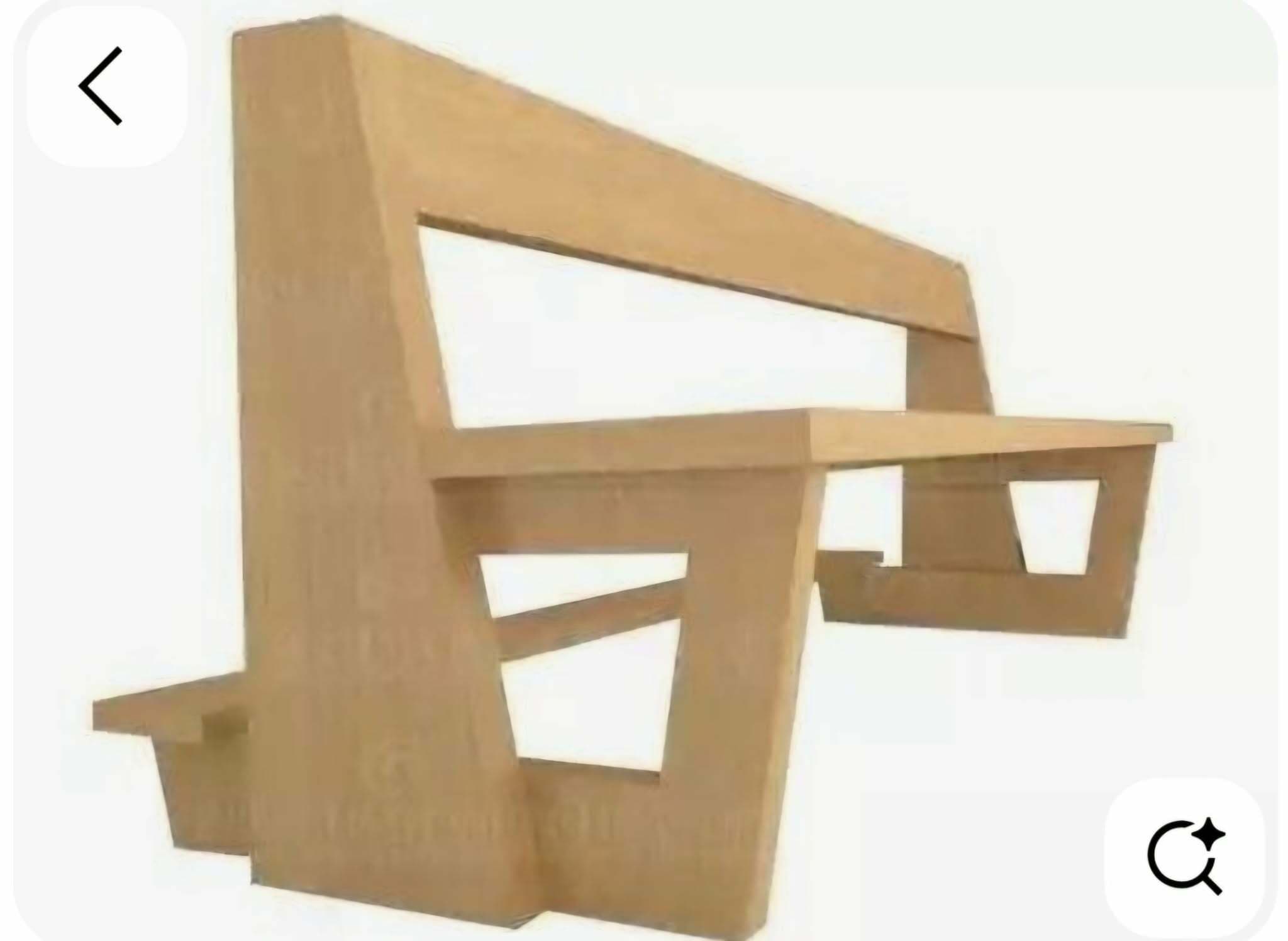 A digital render of a modern, minimalist bench constructed from a light-colored wood-like material, featuring a solid backrest and a wide seat. The design is characterized by its clean lines and angular supports, creating an open base structure. The material appears to be a composite wood, possibly plywood or MDF, given its uniform texture and hue. — 3D model