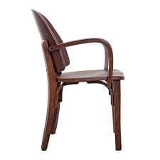 A wooden armchair with a curved backrest and armrests. The chair has a simple, yet elegant design, featuring bentwood elements. The seat is flat and appears to be made of the same wood as the frame. The legs are straight and provide a stable base. — 3D model