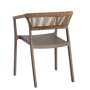 A modern armchair with a durable synthetic frame and a woven backrest. The seat is a solid molded piece. The chair has four legs and armrests. — 3D model