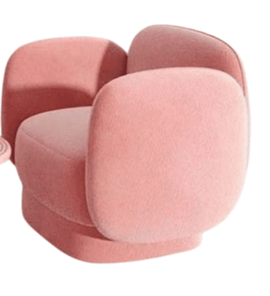 A plush, pink armchair with a rounded, organic design. The armchair features a high, enveloping backrest and armrests that flow seamlessly into the seat base. The upholstery appears to be a soft, textured fabric, possibly velvet or a similar plush material. The overall form is soft and inviting, with curved lines and a lack of sharp edges. — 3D model