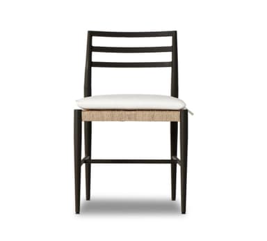 A modern black wooden dining chair featuring a woven natural rope seat and a removable white fabric cushion. The chair has a slatted backrest and straight legs with horizontal stretchers for stability. — 3D model