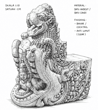 A heavily carved gray stone object, likely intended as a decorative bench or outdoor seating. It features a detailed mythical beast, possibly a lion or dragon-like creature, forming the backrest and arm-like elements. The carving style is highly ornate, characteristic of traditional Balinese or Southeast Asian art, with scales, intricate patterns, and a smaller human-like figure integrated into the base. A flat, rectangular surface behind the creature suggests its function as a seat. — 3D model