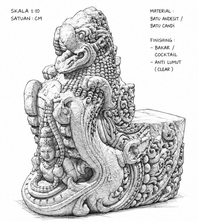 A heavily carved gray stone object, likely intended as a decorative bench or outdoor seating. It features a detailed mythical beast, possibly a lion or dragon-like creature, forming the backrest and arm-like elements. The carving style is highly ornate, characteristic of traditional Balinese or Southeast Asian art, with scales, intricate patterns, and a smaller human-like figure integrated into the base. A flat, rectangular surface behind the creature suggests its function as a seat. — 3D model