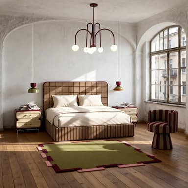 A modern upholstered bed frame with a distinctively patterned headboard and base. The headboard features a grid of square-shaped upholstery in a light tan color with darker brown piping outlining each square. The bed frame itself has a vertical striped pattern in alternating shades of brown and tan. It is dressed with cream-colored bedding, including two pillows and a duvet. Two matching bedside tables with red drawers and light-colored drawer fronts are positioned on either side of the bed. The overall aesthetic suggests a contemporary or retro-inspired design. — 3D model
