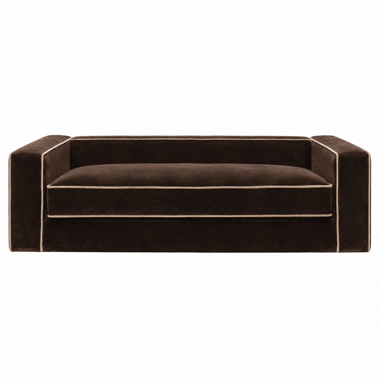 A contemporary dark brown velvet sofa featuring prominent contrast piping along its track arms, back, and seat cushion. The sofa has a clean, rectangular silhouette, providing a refined and modern aesthetic. — 3D model