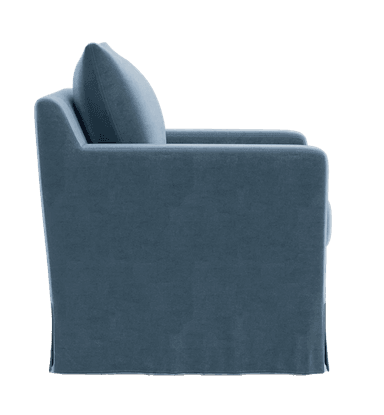 A plush, slipcovered armchair with a skirted base and a single throw pillow. The armchair features a boxy silhouette with straight arms and a deep seat. — 3D model