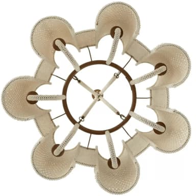 A multi-tiered chandelier featuring numerous small, opaque, off-white beads intricately strung together to form a series of cylindrical shade elements. These elements are arranged around a central structure and suspended by a metal chain. The beaded construction allows light to filter through, creating a soft, diffused glow. — 3D model