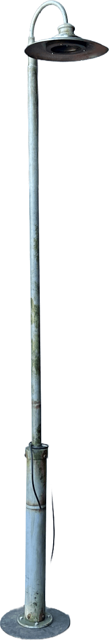 A tall, slender outdoor post lamp featuring a weathered metal construction. It has a conical shade at the top, supported by a long cylindrical pole that connects to a round, flanged base. The entire fixture exhibits significant signs of age and outdoor exposure, including heavy rust, dark discoloration, and visible patches of moss or lichen growth on the pole. The base appears designed for secure ground mounting. — 3D model