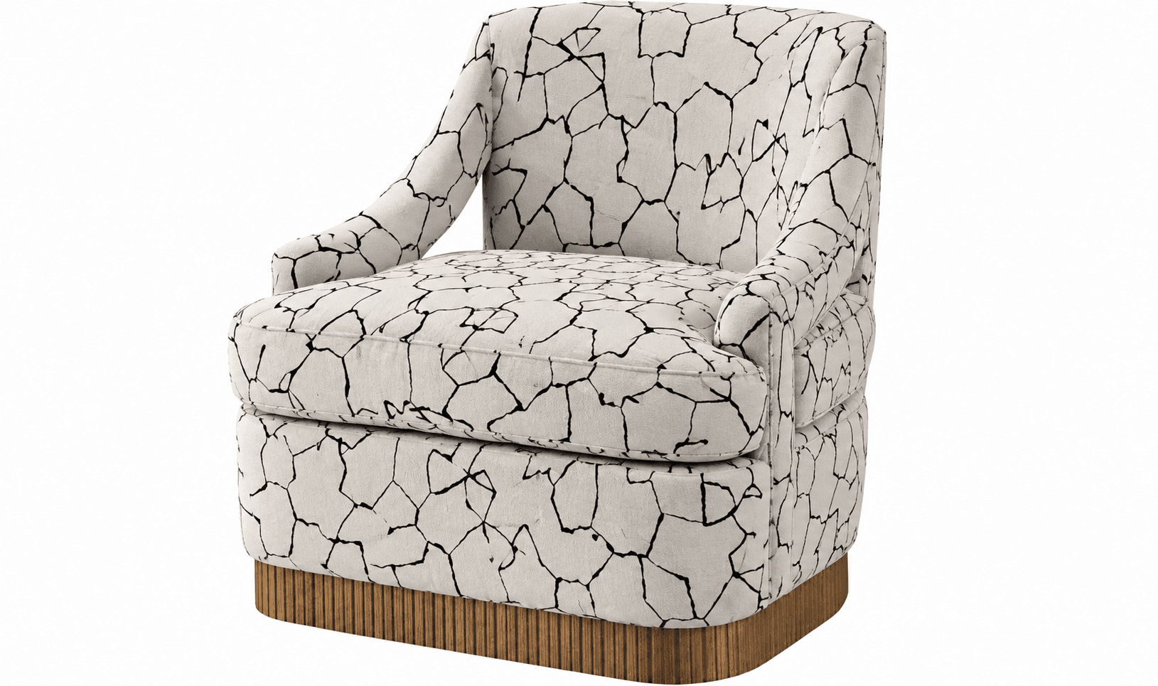 An upholstered armchair featuring a distinctive abstract black and off-white pattern across its barrel-shaped back, arms, and deep seat cushion. The chair sits atop a substantial, cylindrical wooden base with vertical fluting, suggesting a swivel mechanism. Its design blends modern aesthetics with functional comfort. — 3D model