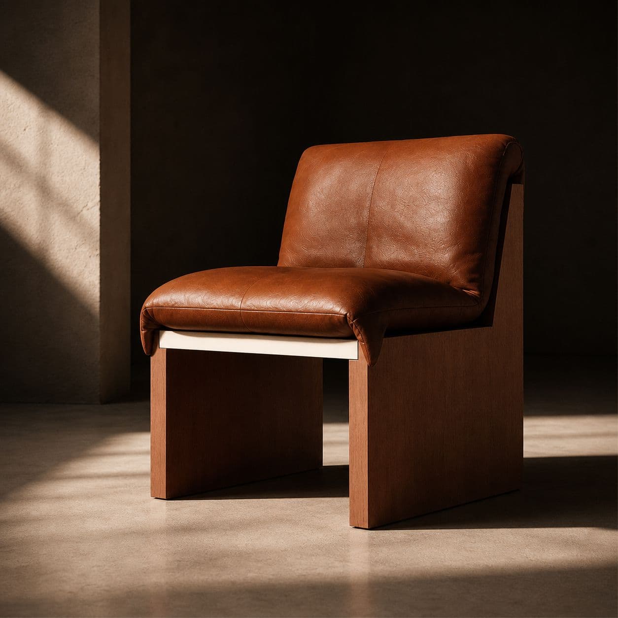 A modern armchair with a prominent wooden base and a plush, upholstered seat and backrest. The chair features a minimalist design with clean lines and a focus on material contrast. The seat and back are generously padded and covered in what appears to be genuine leather, exhibiting a rich brown hue. The base is constructed from wood with a visible grain, presenting a warm, earthy tone. A thin, possibly white or light-colored panel separates the upholstered section from the wooden base. — 3D model