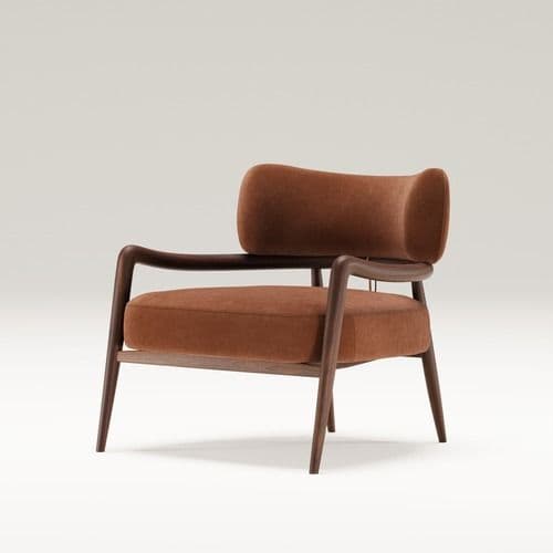 A modern armchair featuring a dark wooden frame and a plush, burnt orange upholstered seat and backrest. The design incorporates smooth curves in the arms and backrest, giving it a contemporary yet inviting aesthetic. The backrest is a distinct, bolster-like cushion that appears to wrap around the frame, offering comfort and a unique visual element. — 3D model