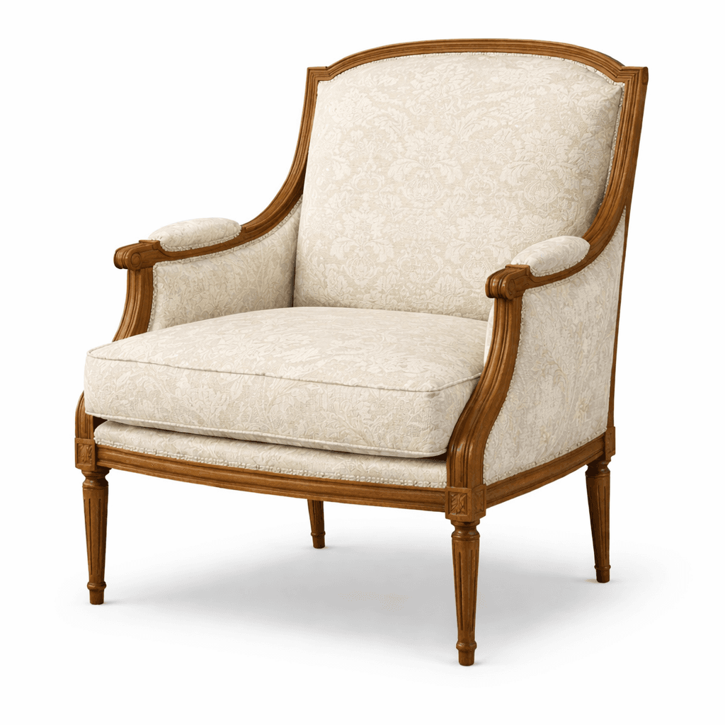 An armchair with a wooden frame and upholstered cushions. The frame features carved details and cabriole legs. The upholstery is a light-colored fabric with a damask pattern. The armchair has a curved back and padded arms. — 3D model