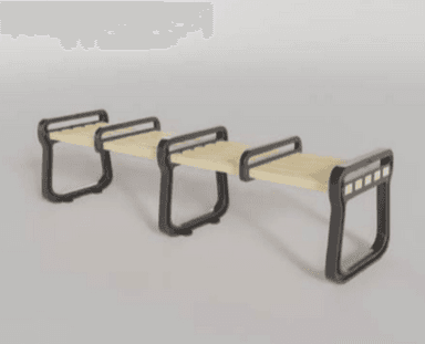 A modern bench featuring a light-toned slatted wood seat supported by a dark-finished, U-shaped metal frame. The bench appears to have three distinct seating sections, each with an integrated backrest/armrest element formed by the continuous metal frame. — 3D model