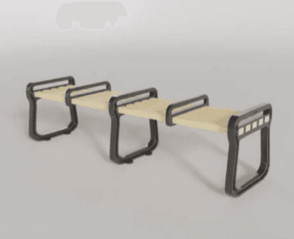 A modern bench featuring a light-toned slatted wood seat supported by a dark-finished, U-shaped metal frame. The bench appears to have three distinct seating sections, each with an integrated backrest/armrest element formed by the continuous metal frame. — 3D model