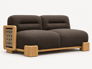 A contemporary two-seater sofa featuring a dark brown, textured fabric upholstery. The sofa incorporates a visible natural wood frame that extends along the base and forms the armrests. The armrests include woven panels, and the back cushions have subtle horizontal channel tufting. It is supported by four robust, rounded wooden block legs. — 3D model