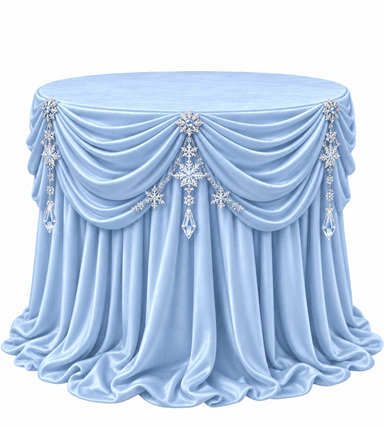 A round table completely covered by a light blue satin fabric drape, which is intricately gathered and swaged around the perimeter. The drapes are adorned with decorative crystal snowflake-like embellishments and hanging clear crystal pendants. The fabric pools elegantly at the base. — 3D model