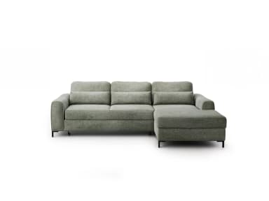 A sectional sofa with a chaise lounge extension. It features upholstered cushions for the seat and back, with additional throw pillows. The sofa is supported by dark, low-profile legs. — 3D model
