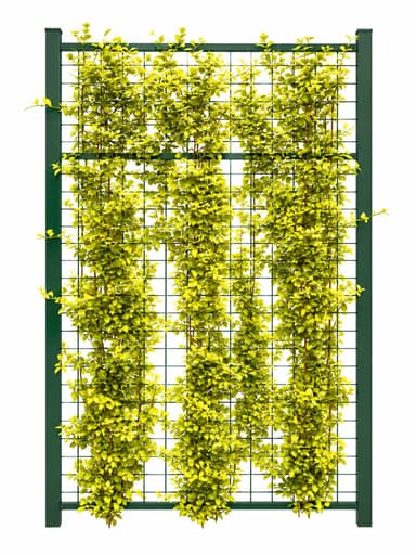 A tall, rectangular panel featuring a dark green metal frame and a grid trellis, completely covered with bright green and yellow artificial foliage. The panel is depicted freestanding, suggesting its use as a decorative screen or vertical garden element. The design is simple and modern, emphasizing the biophilic aesthetic provided by the dense plant cover. — 3D model