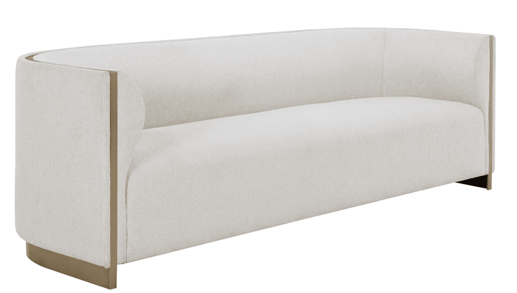 A contemporary sofa with a curved silhouette and clean lines. The sofa is upholstered in a textured, light-colored fabric and features metallic accents along the edges of the arms and base. The base has a sleek, metallic finish. — 3D model
